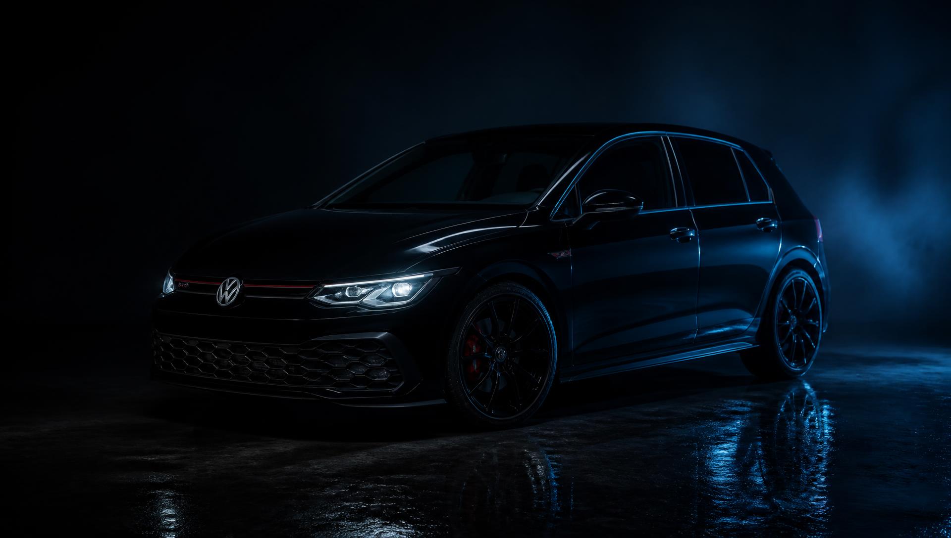 Blacked-out Volkswagen Golf GTI in a dark studio with blue rim lighting
