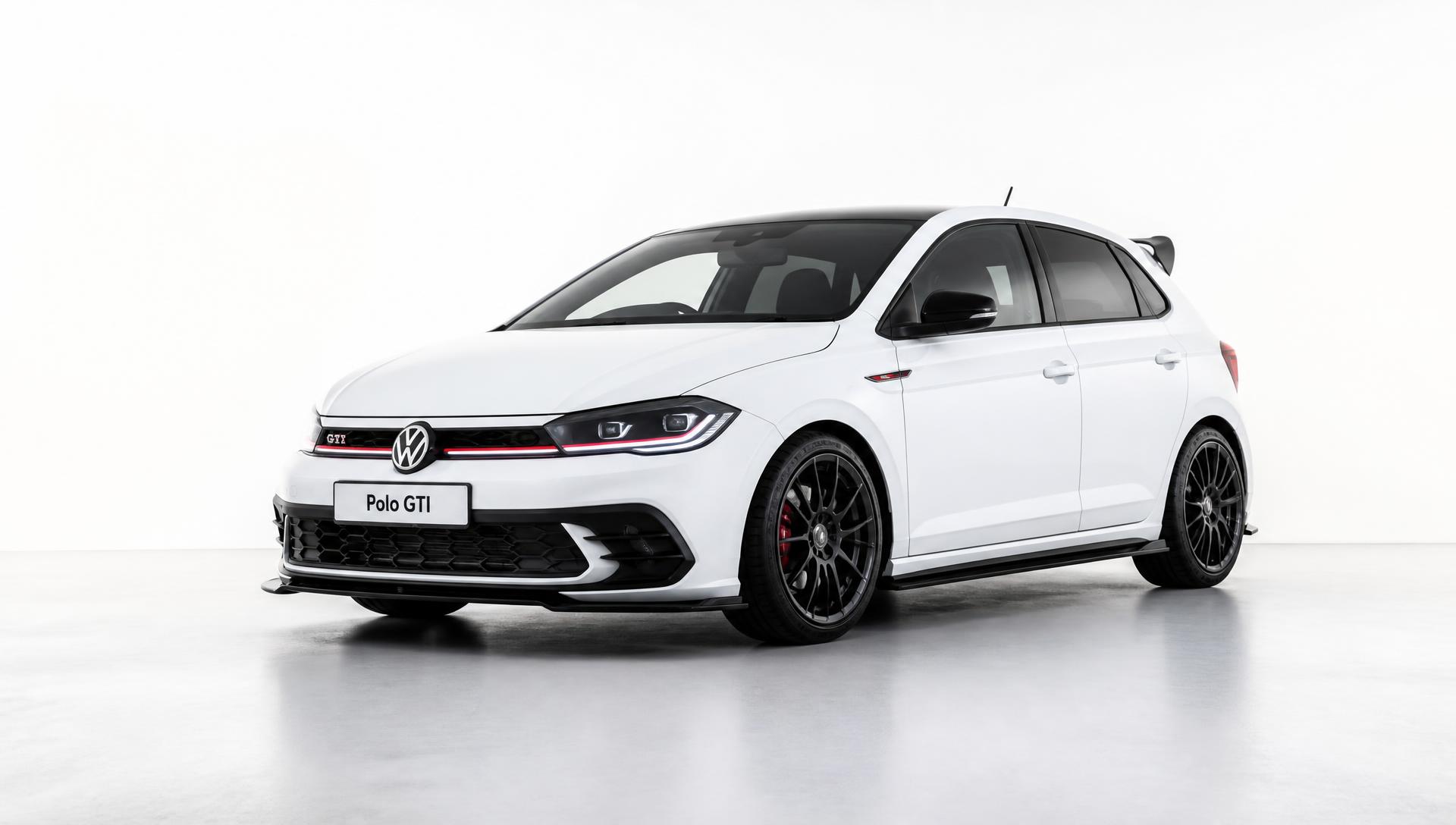 Styled white VW Polo GTI with front lip and rear spoiler